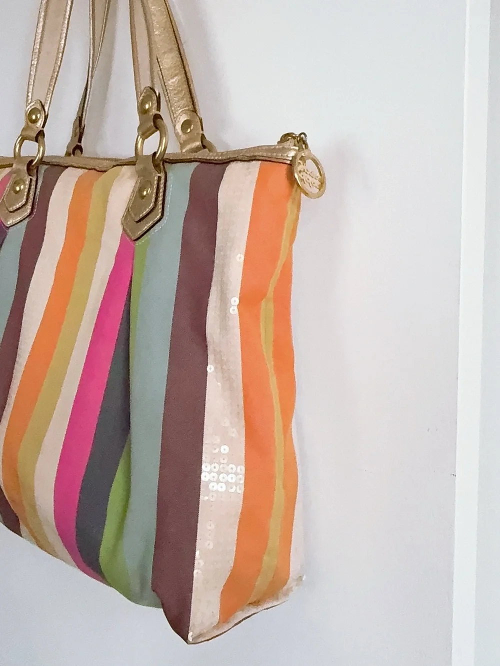 Authentic Coach Poppy Legacy Multicolor Stripes Tote Sequin & Gold Leather - Picture 7 of 12